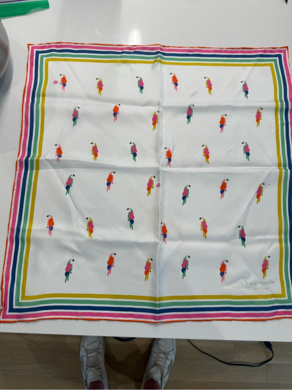kate spade White Silk Scarf with Multicolor Parrot Print and Striped Border